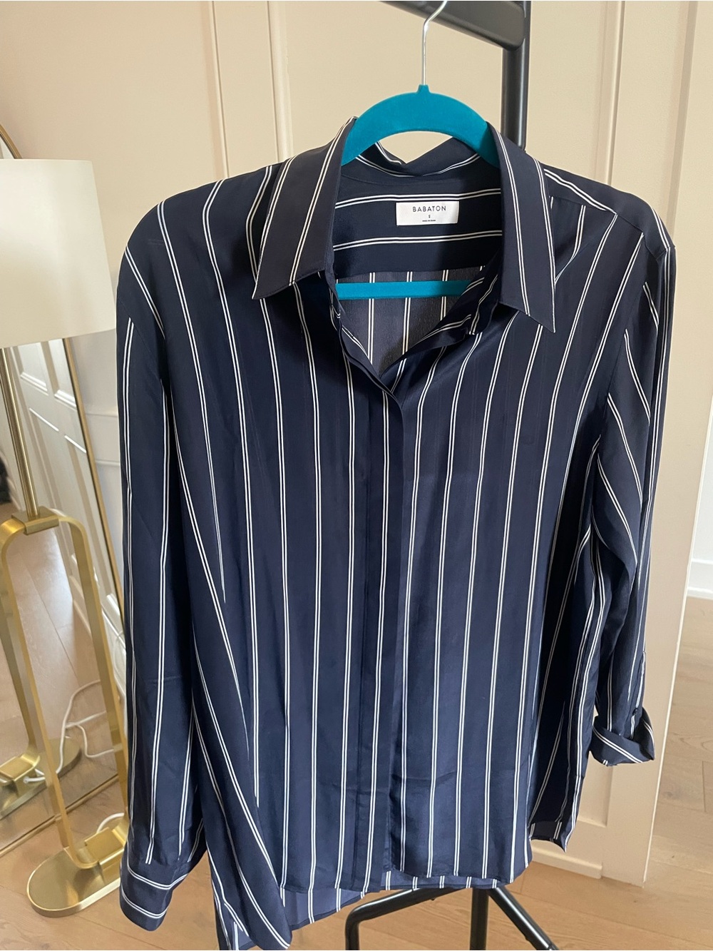 Babaton Navy and White Vertical Stripe Button-Down Shirt
